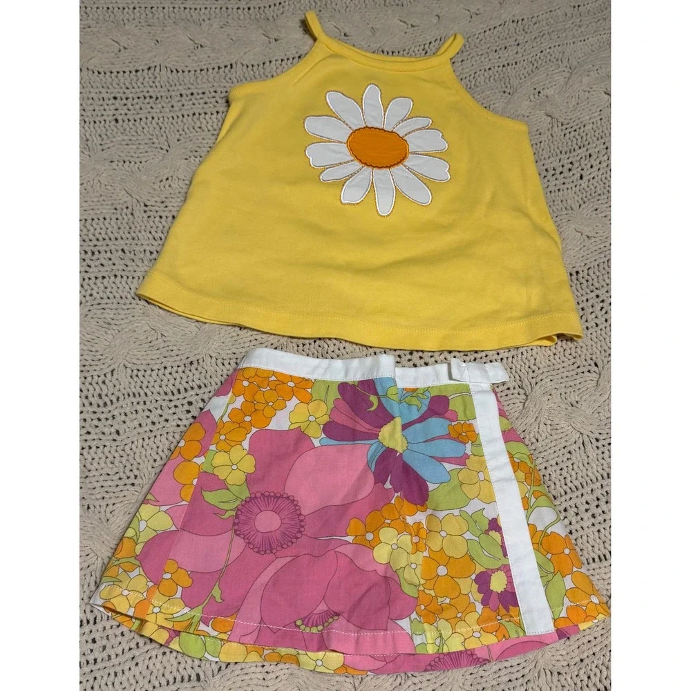 VTG Gymboree Girls Yellow Daisy Tank Top and Retro Floral Skort Set 18-24 Months